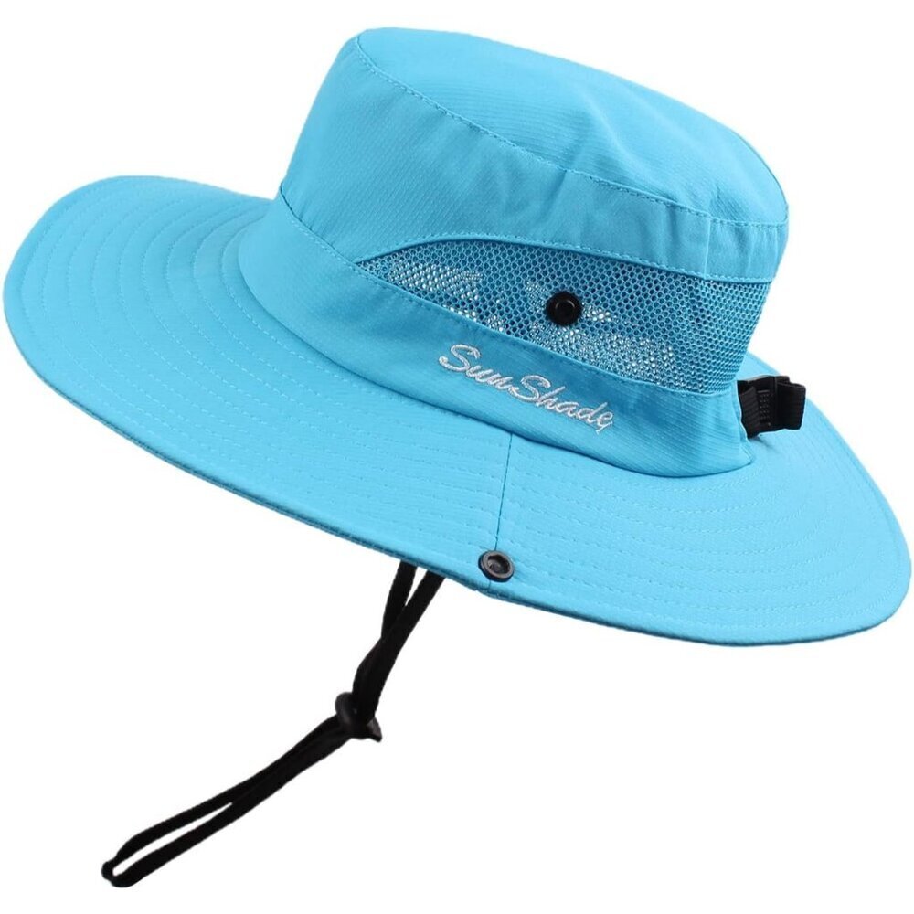 Unisex Sky Blue 100% Polyester Wide Brim Mesh Vent Chin Strap Classic Cowboy Hat